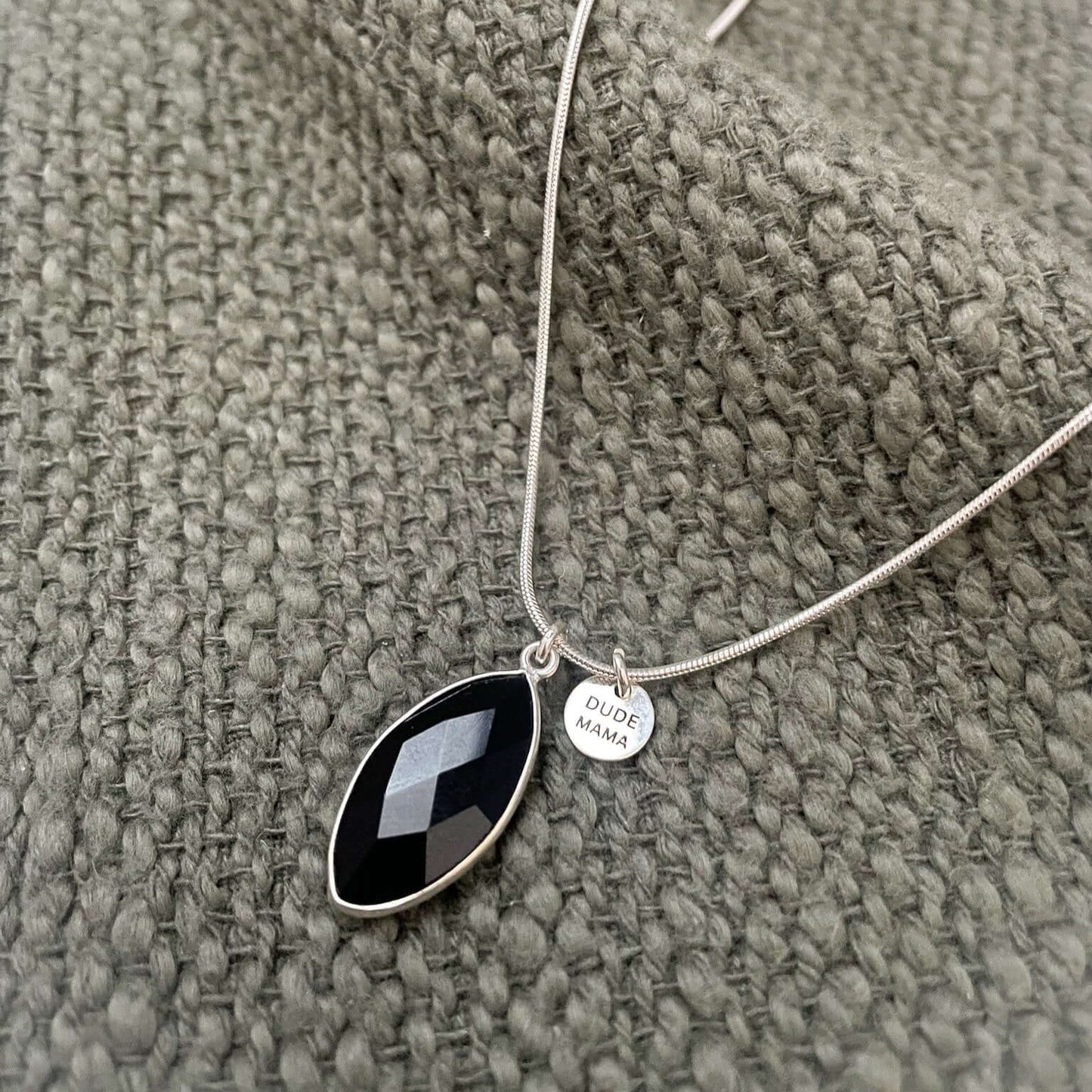Engraved Dude Mama black onyx necklace perfect as a baby shower gift for proud boy moms.