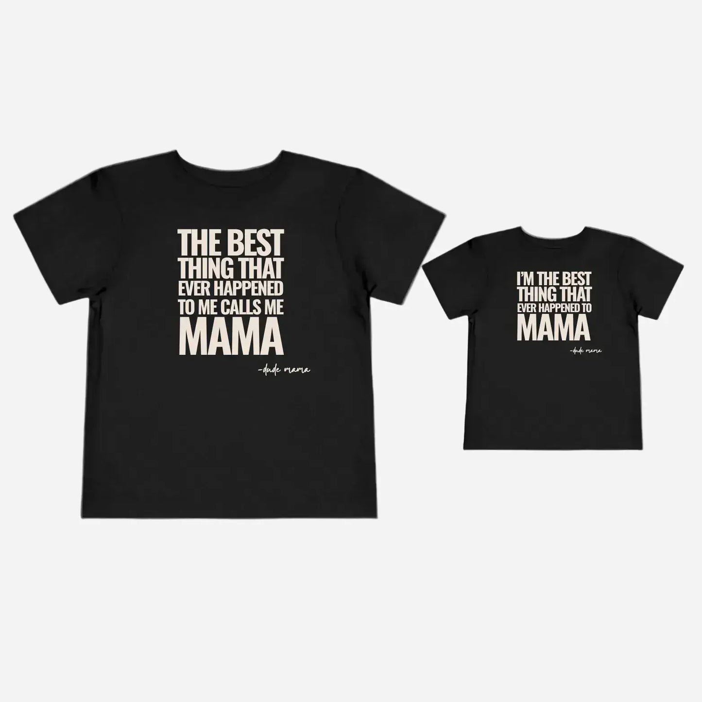 Matching mom and son outfit featuring black shirts with phrases about love and connection.