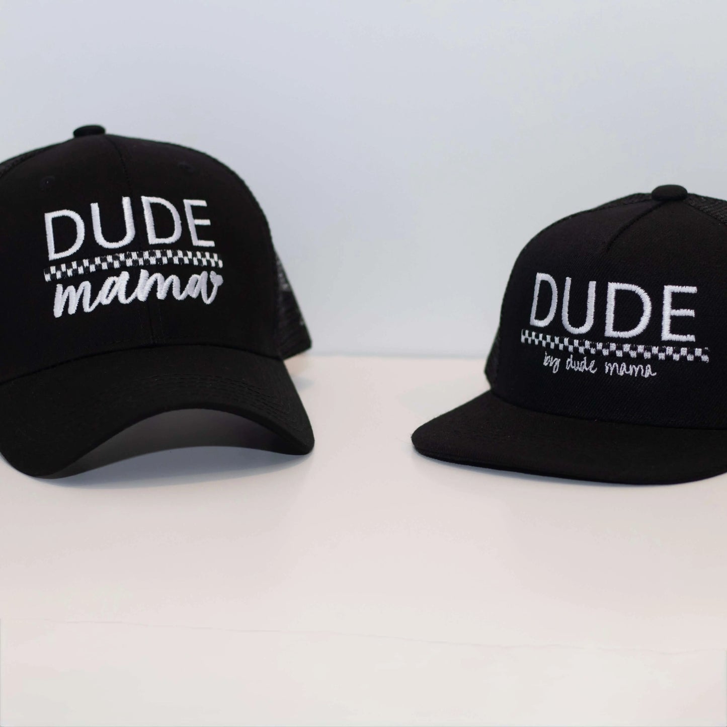 Two black hats stylish and fun for boys and moms. Boy Mom Hat and Boy Hat