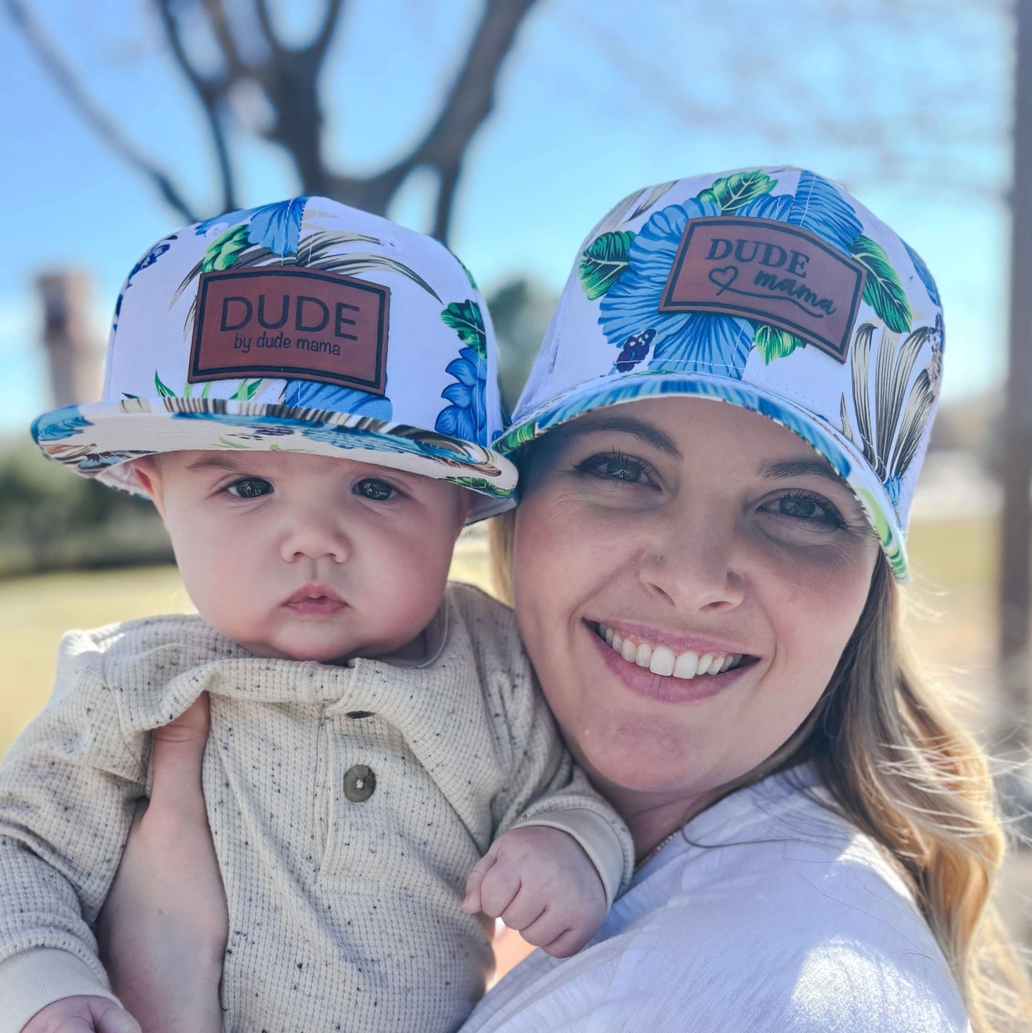 Mama & Dude Matching Blue Hawaiian Patch Hats