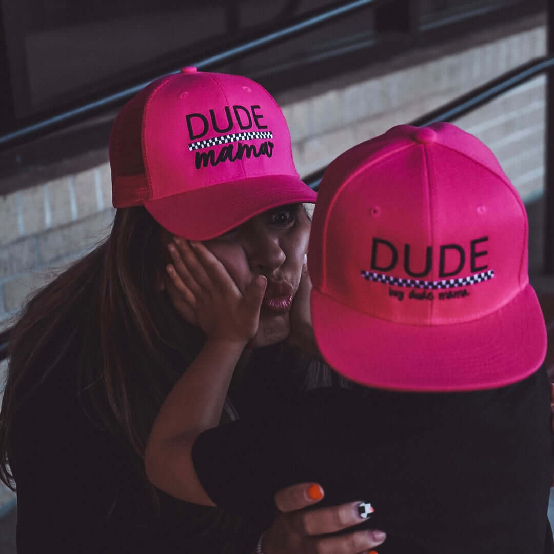 Mama & Dude Matching Hot Pink Checkered Hats