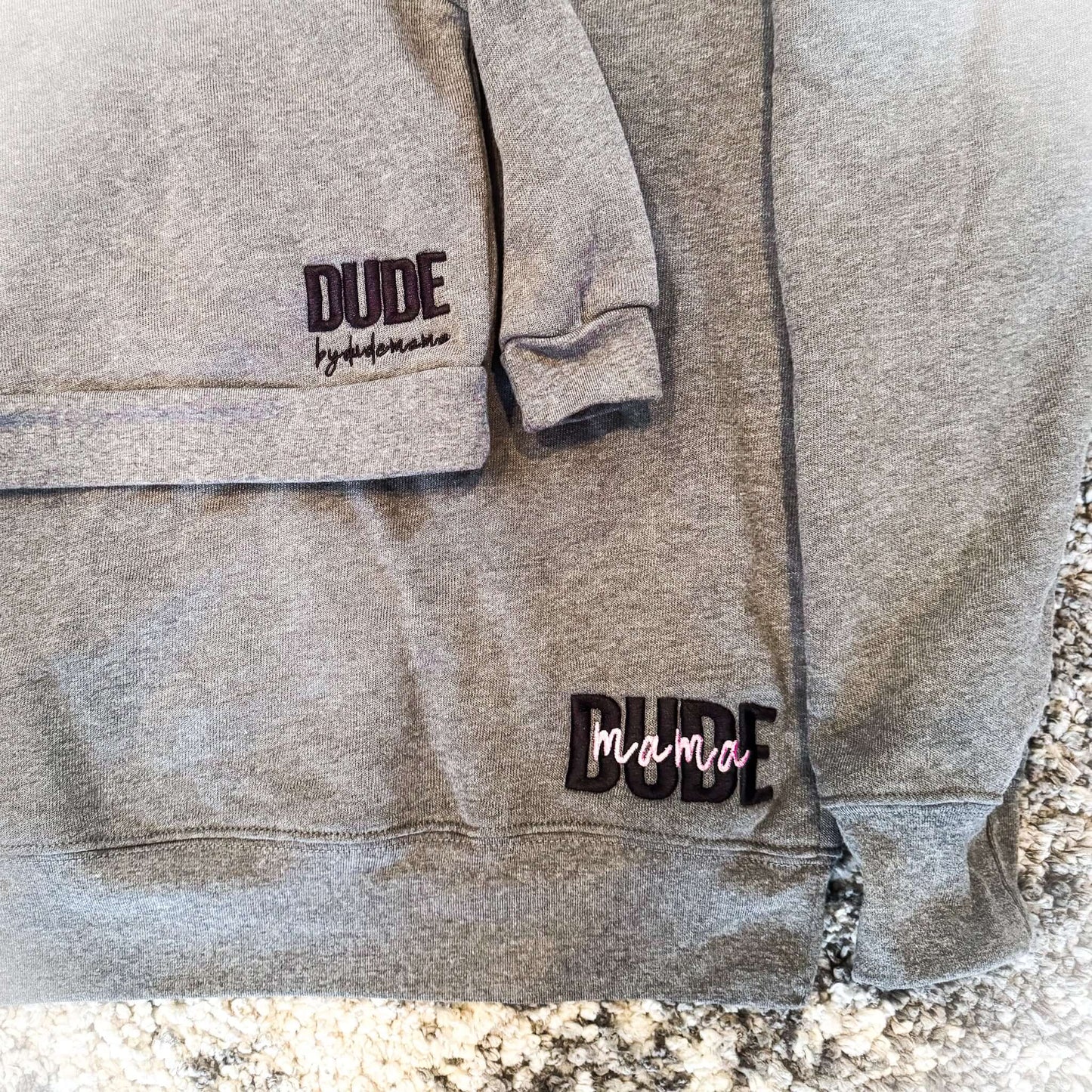 Gray Mom and Son Matching Sweatshirts featuring "Dude" and "Mama" designs on soft fabric.