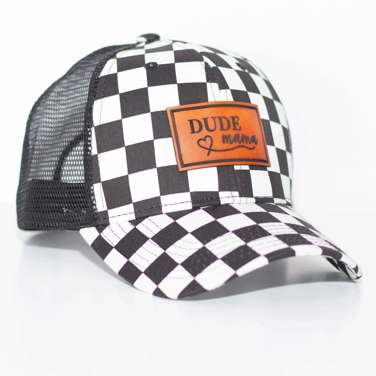 Checkered Dude Mama hat designed for boy moms, featuring a mesh back and stylish patch. Boy mom hat