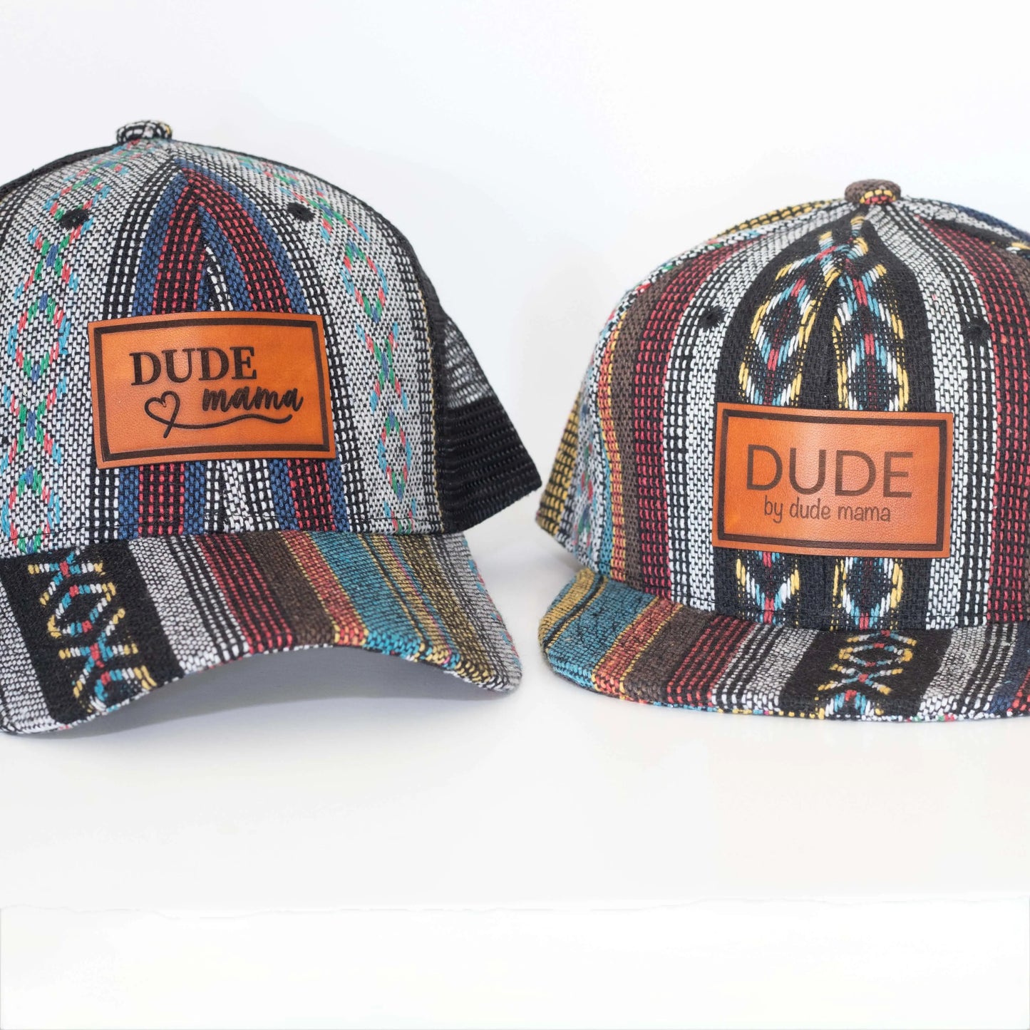 Matching hats designed for Mama and Dude, featuring vibrant patterns and adjustable fits for family adventures. Boy mom hat and Dude hat