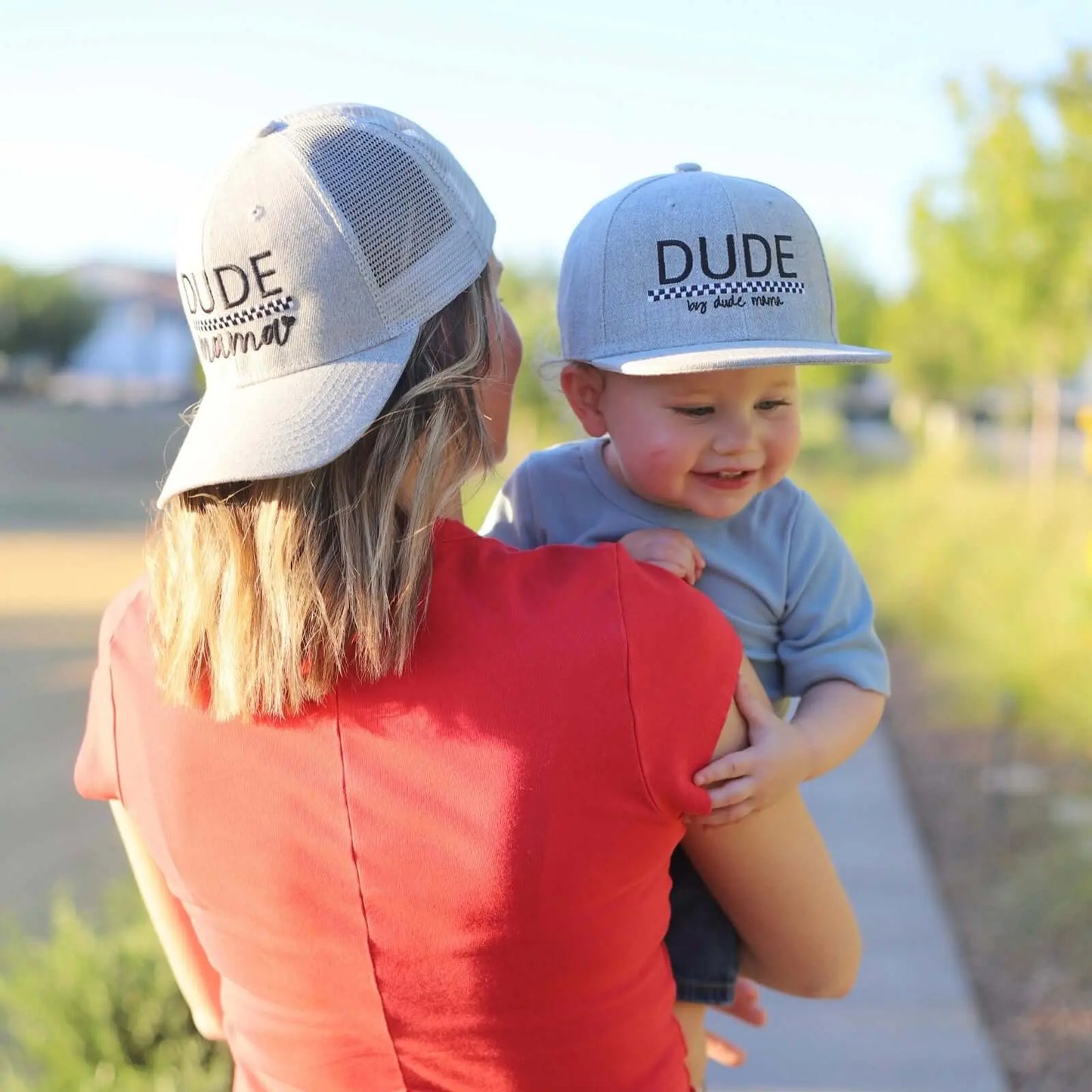 Light gray checkered matching hats for mama and dude, perfect for family outings and connection. Boy Mom Hat and Dude Hat.