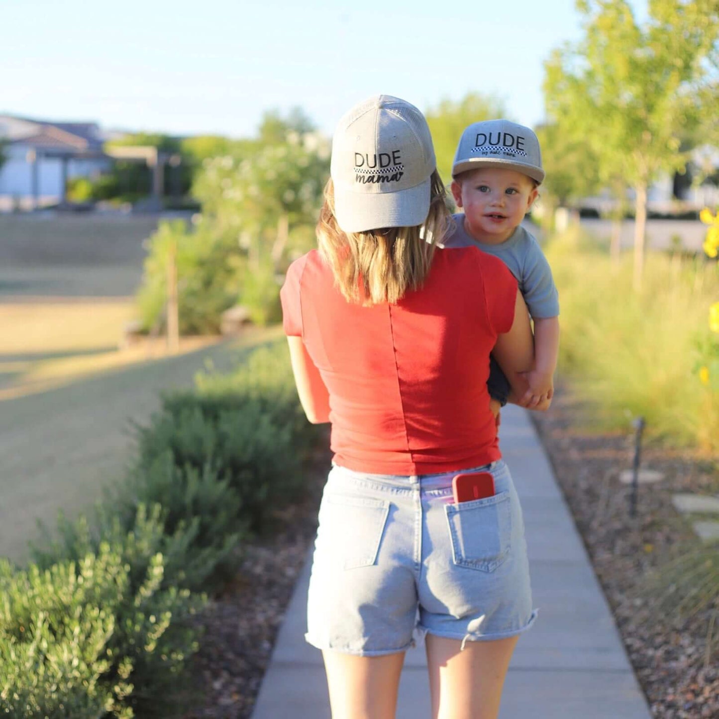 Mama & Dude Matching Light Gray Checkered Hats