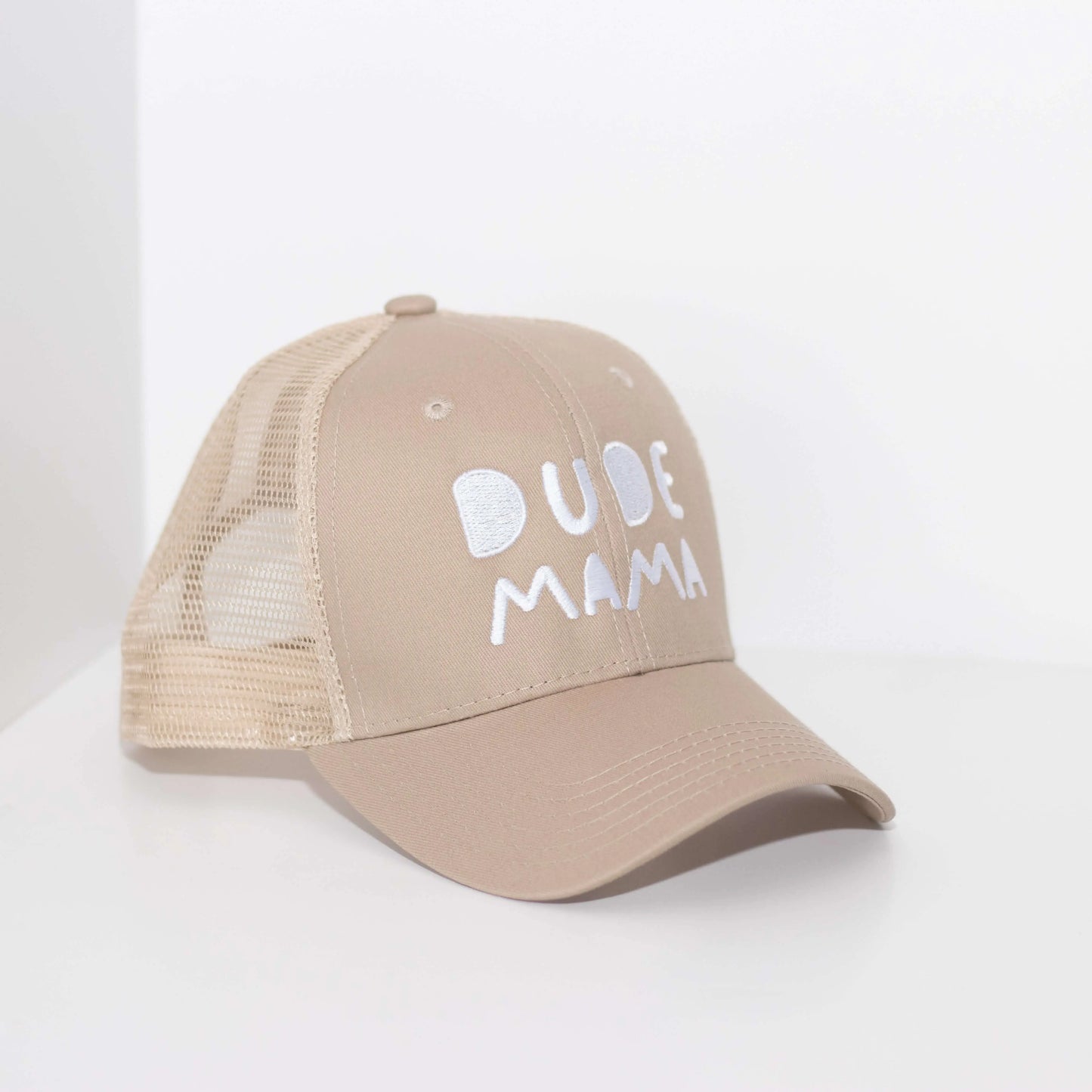 Tan Dude Mama Hat II, a trendy boy mom hat with white embroidered text.