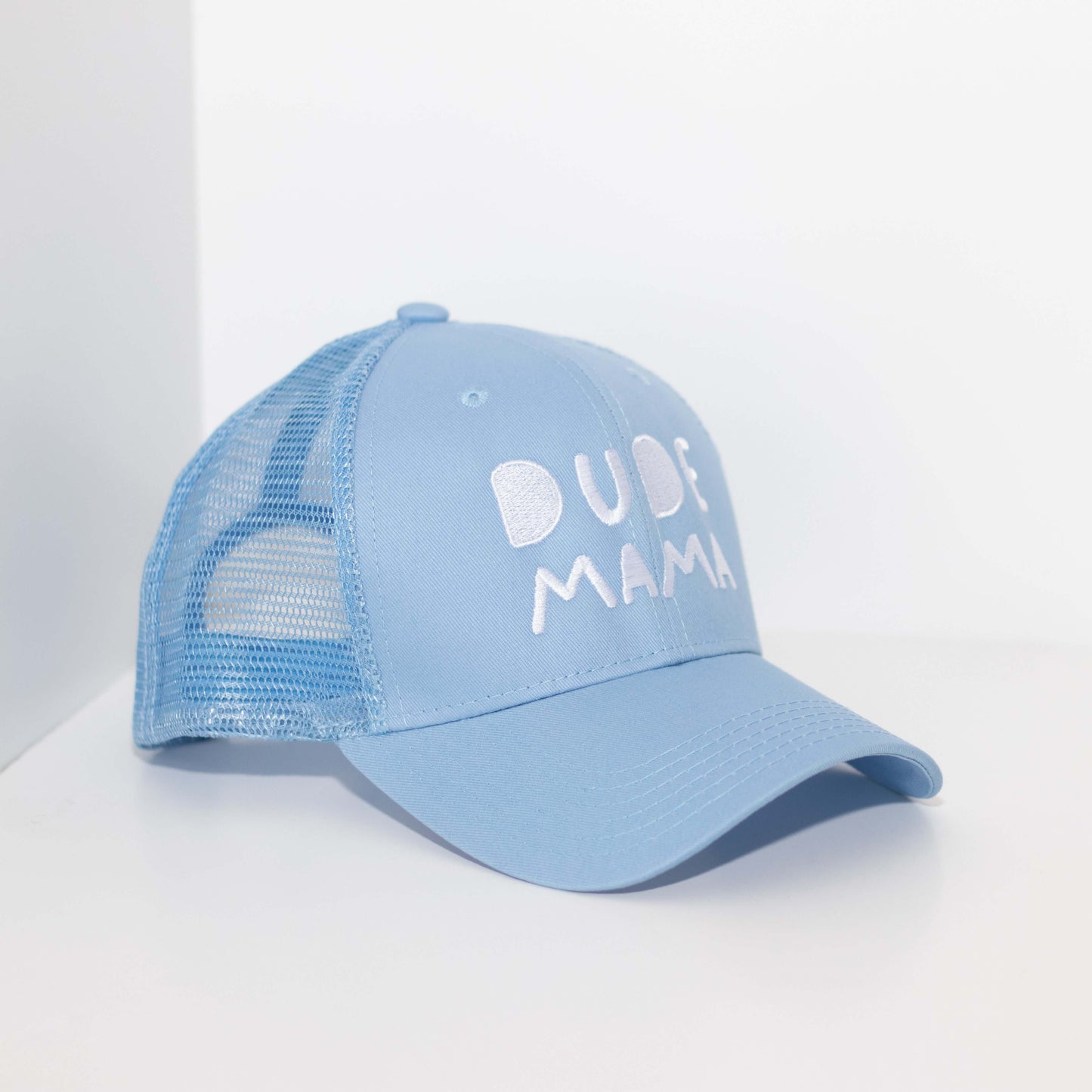 Dude Mama White Embroidered Light Blue Hat