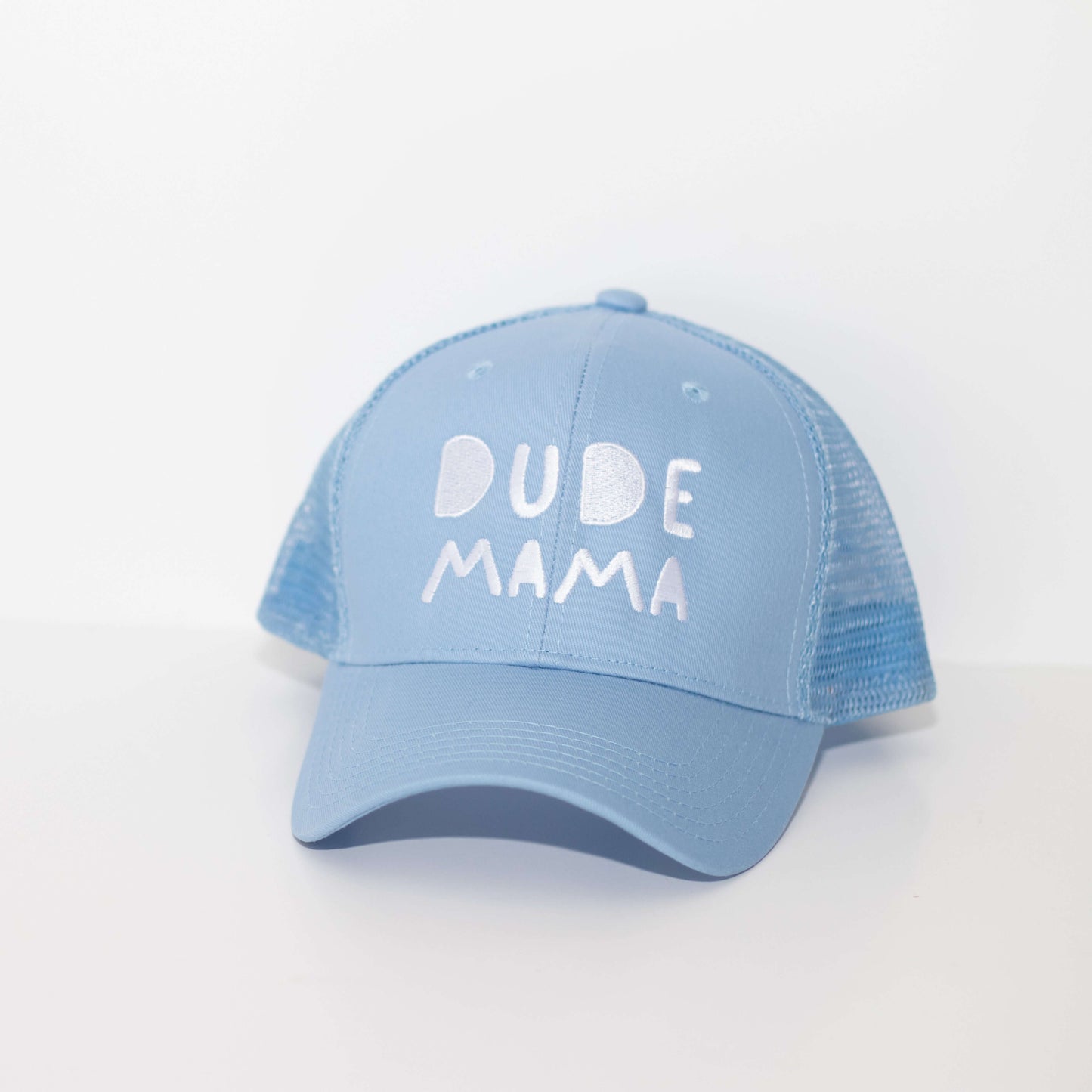 Dude Mama White Embroidered Light Blue Hat