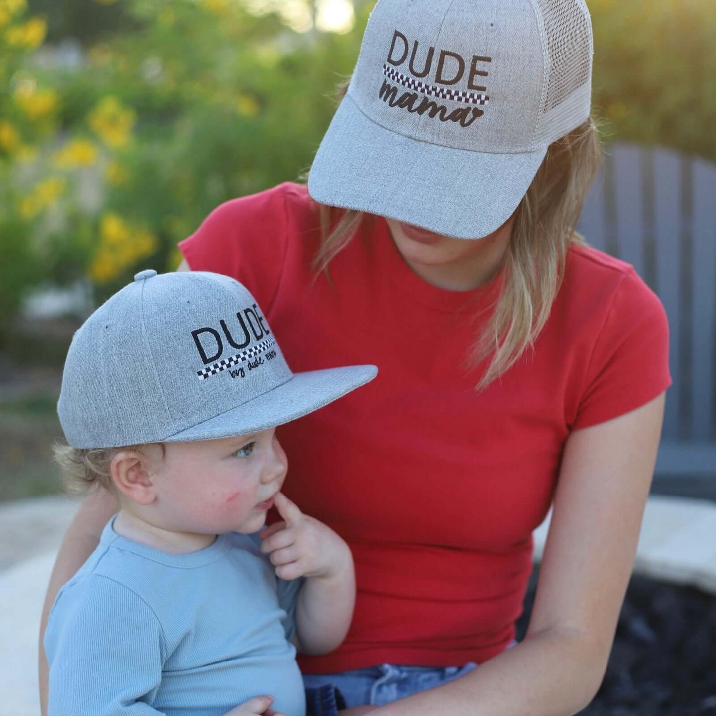 Mama & Dude Matching Light Gray Checkered Hats