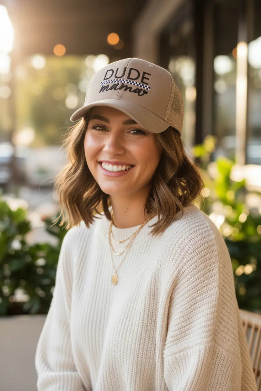 Tan + Checkered Dude Mama Hat Dude Mama