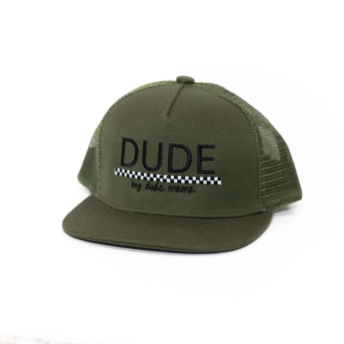 Olive and checkered Dude boy hat, perfect for stylish kids, features a fun design. Ideal boy har accessory.