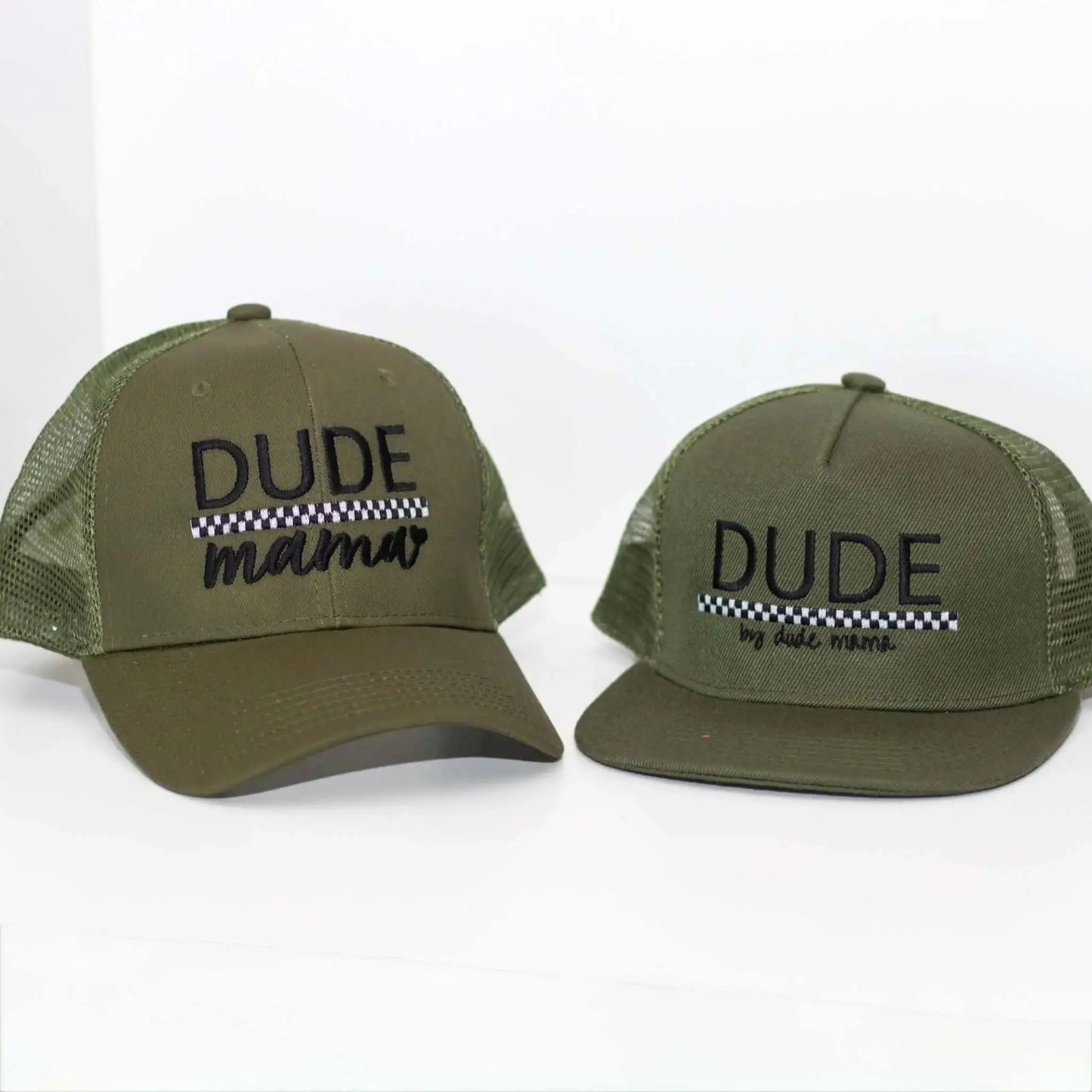 Evergreen Checkered Dude Mama Hat, the perfect boy mom hat. Stylish olive green cap with checkered detailing. Match with your little dude!