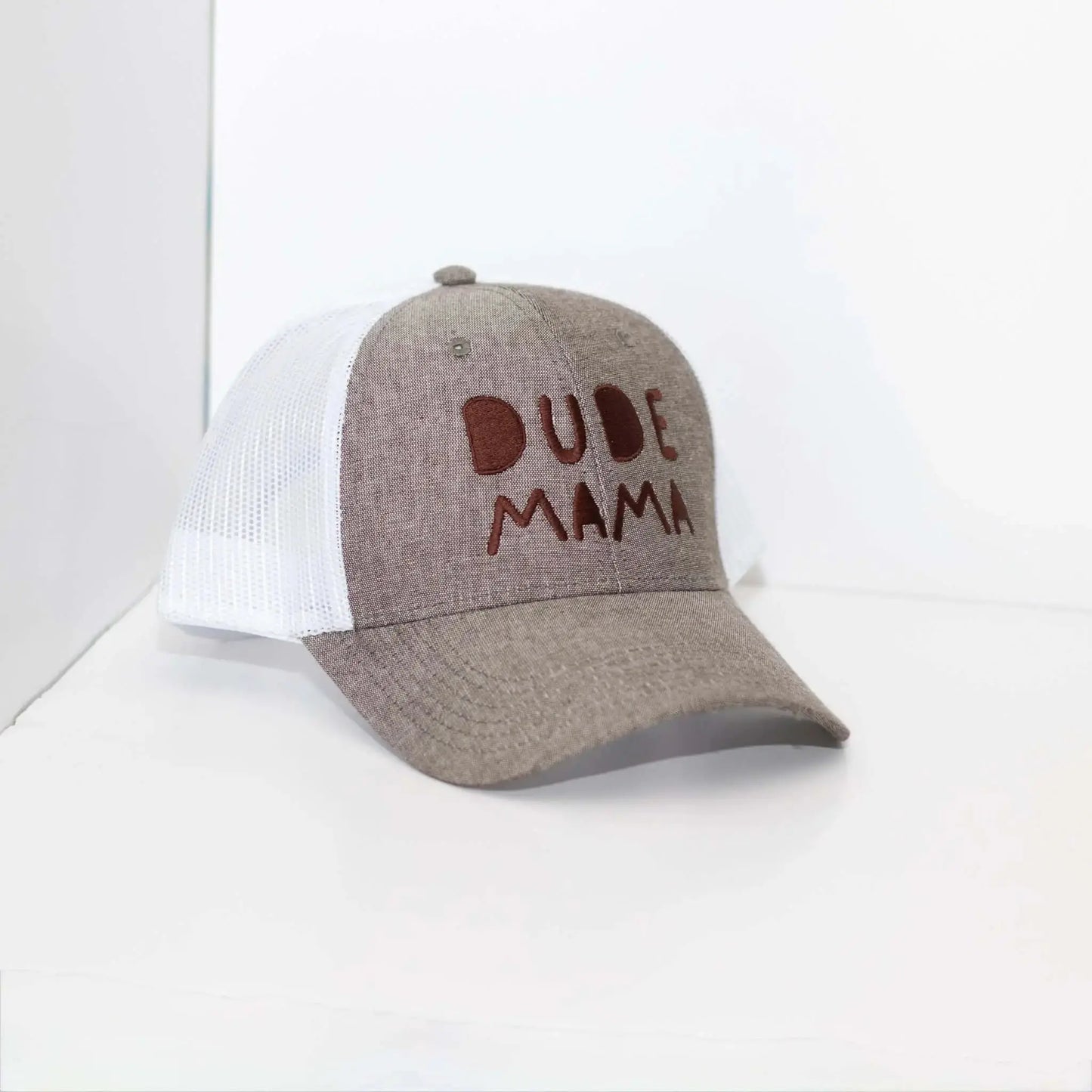 Charcoal and white boy mom hat with 'DUDE MAMA' embroidered on the front, perfect for trendy moms.