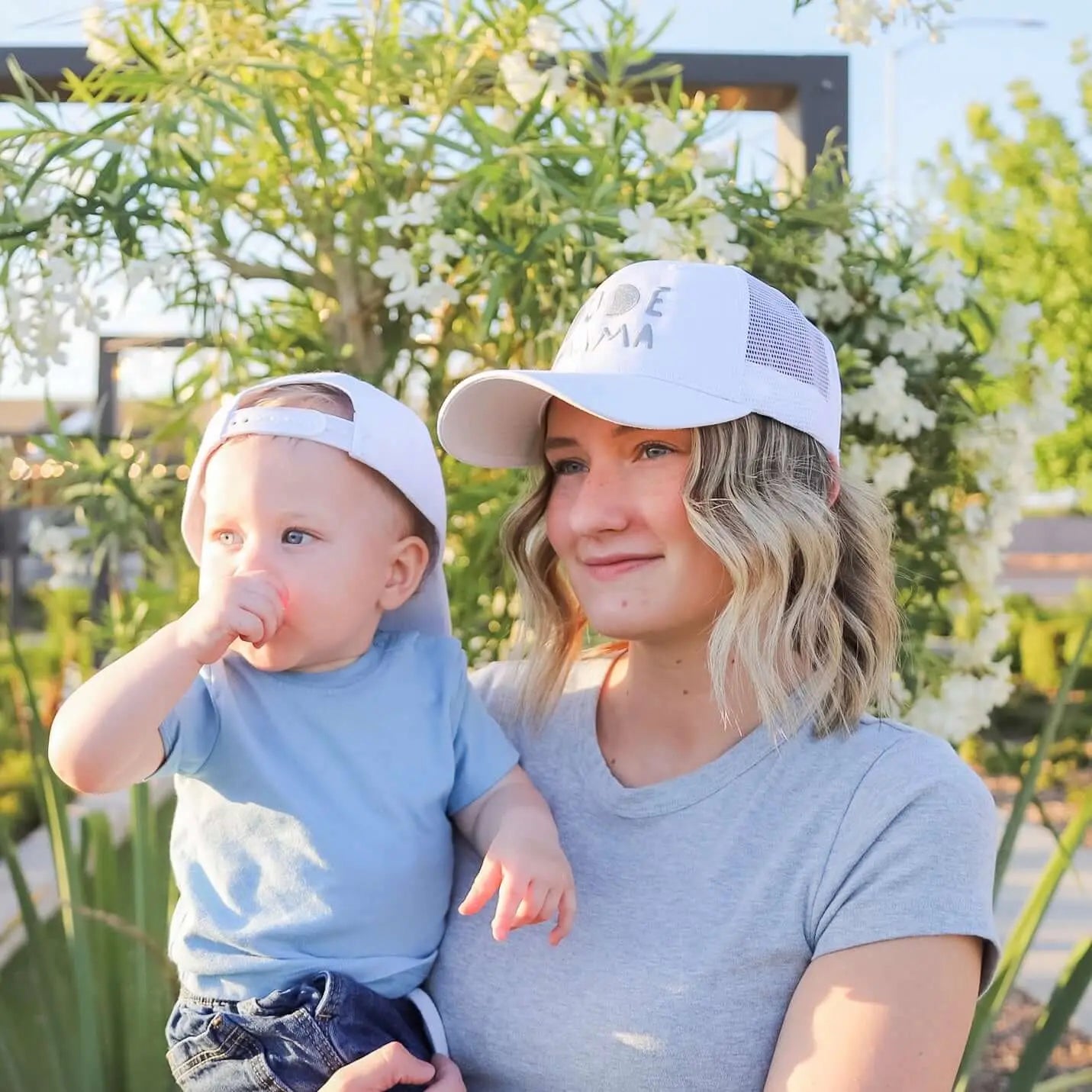 Gray on white matching hats for Mama & Dude, perfect for family photos and everyday adventures. Boy mom hat and Dude hat (boy hat)