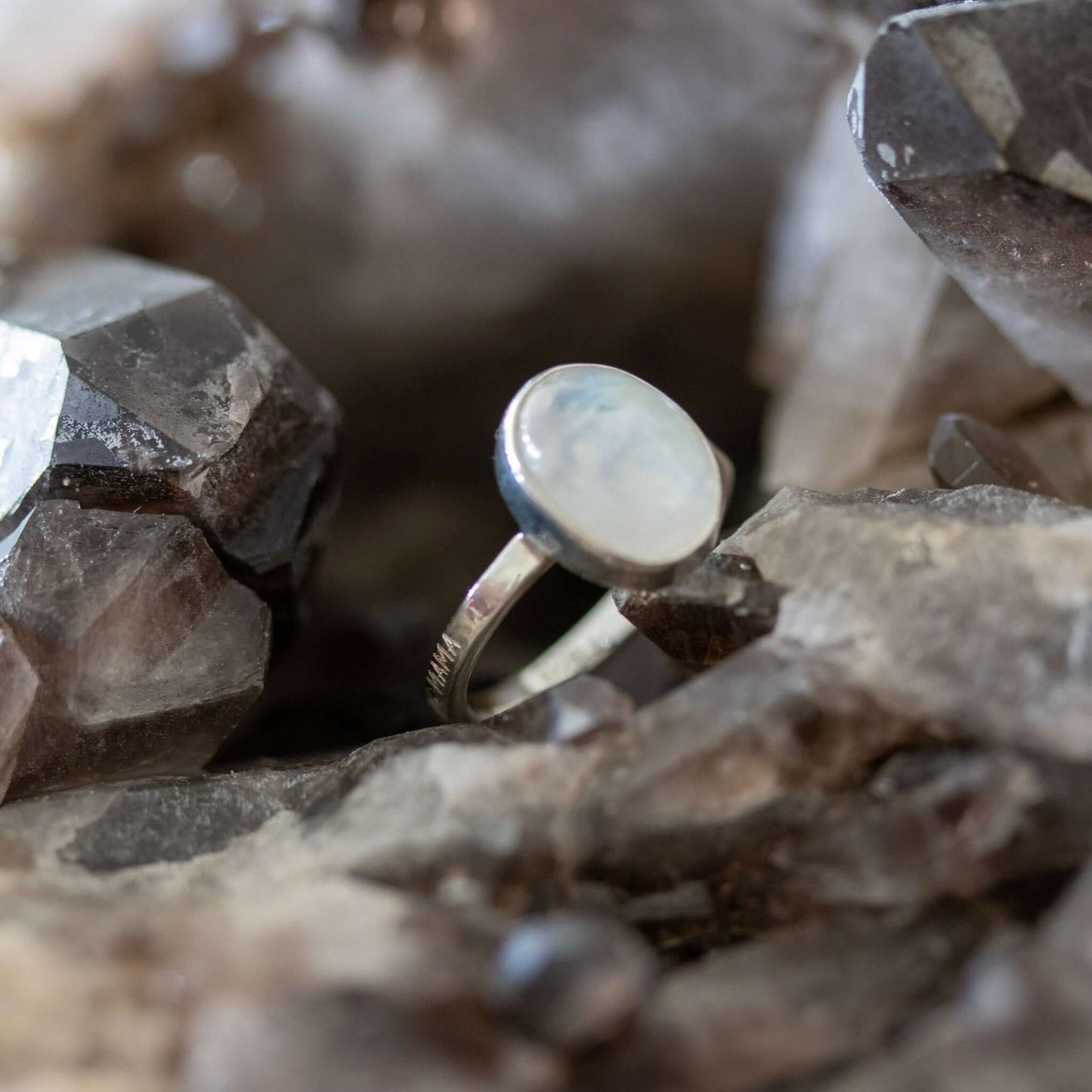 Engraved Dude Mama Moonstone Ring