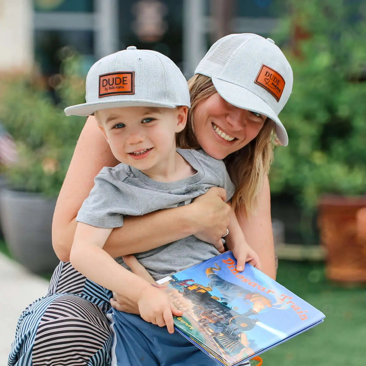 Light Gray matching hats for Mama and Dude, featuring a leather patch, perfect for family moments. Boy mom hat and Dude hat