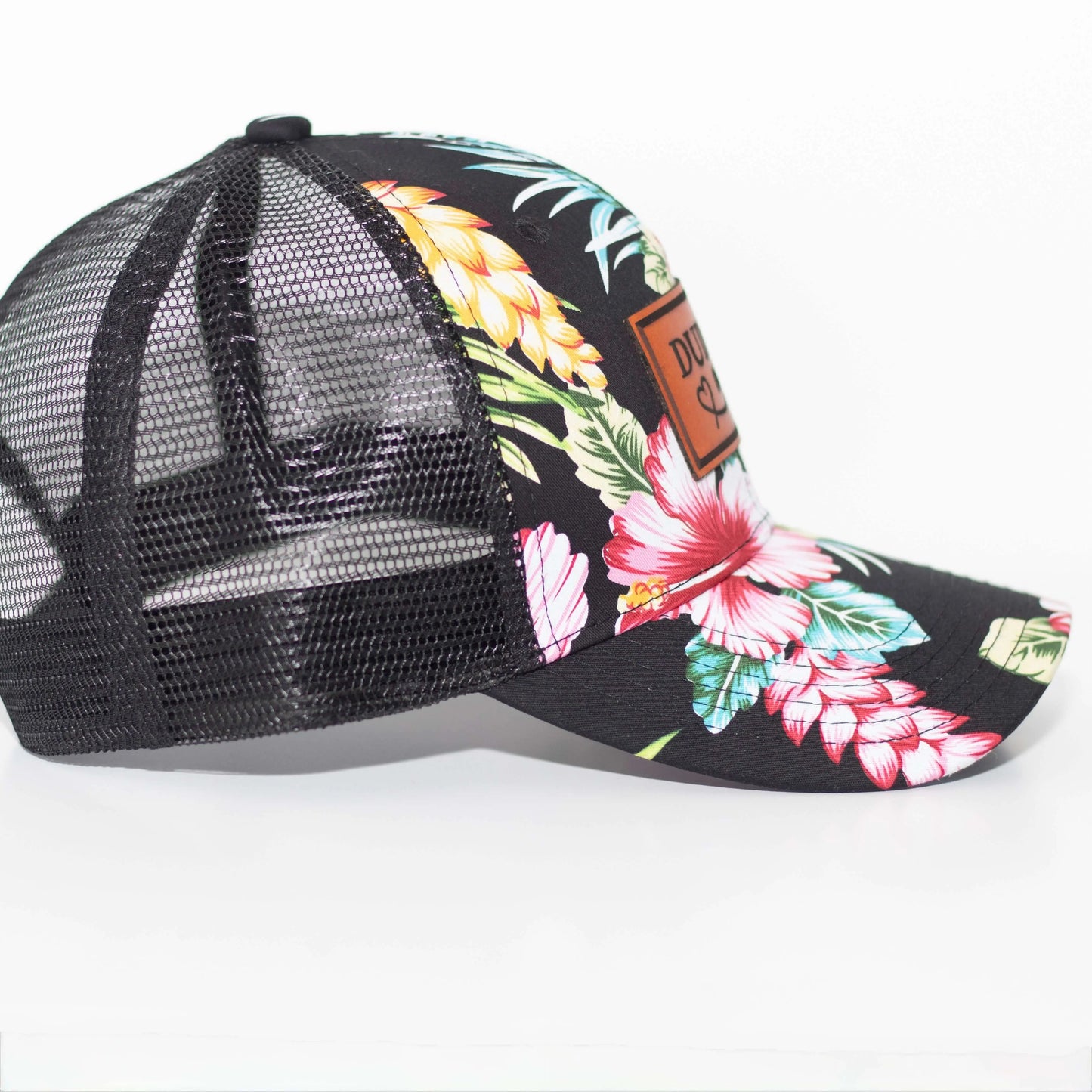 Black Hawaiian Boy Mom Hat. Side profile
