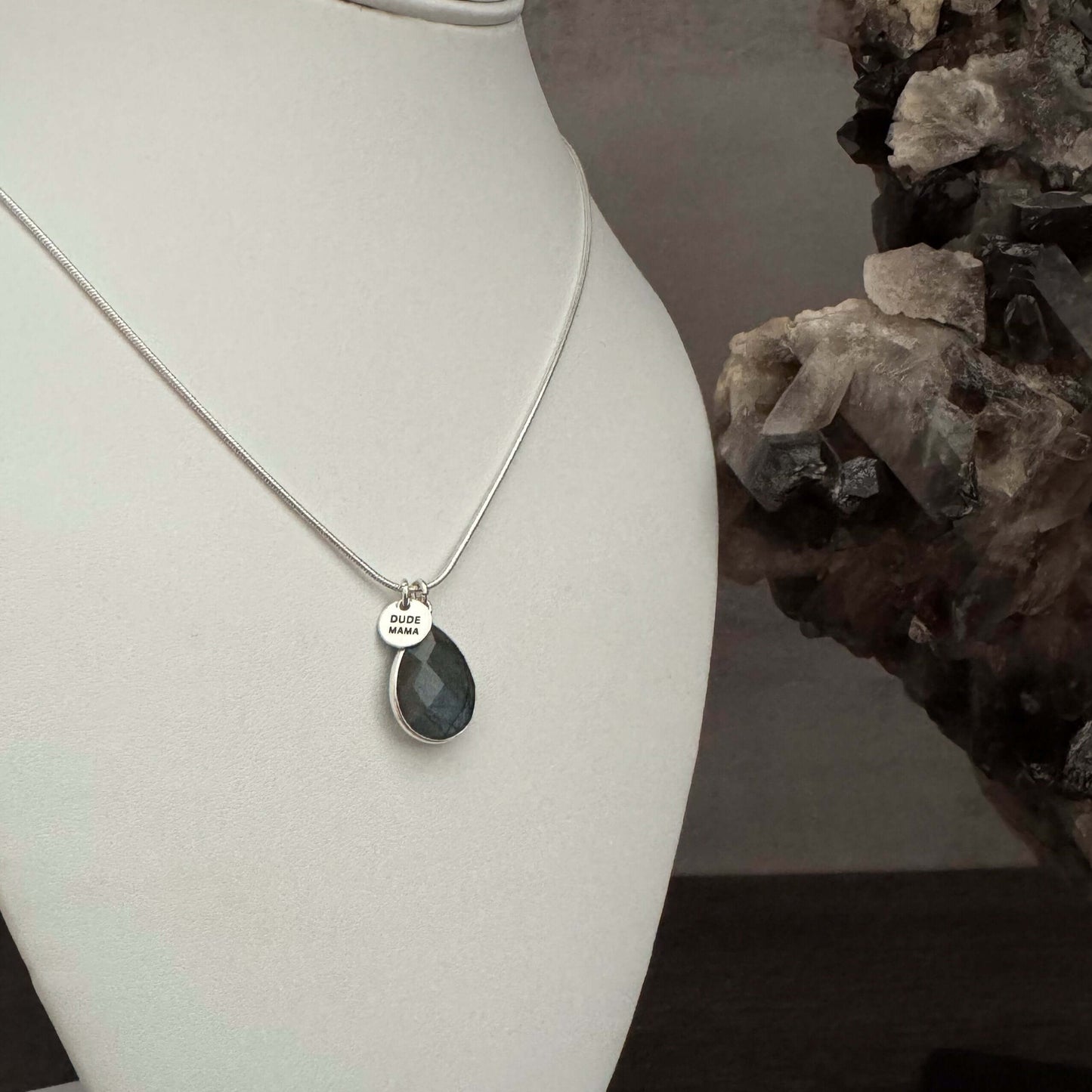 Engraved Dude Mama Labradorite Blue Fire Necklace - Water Drop Shape