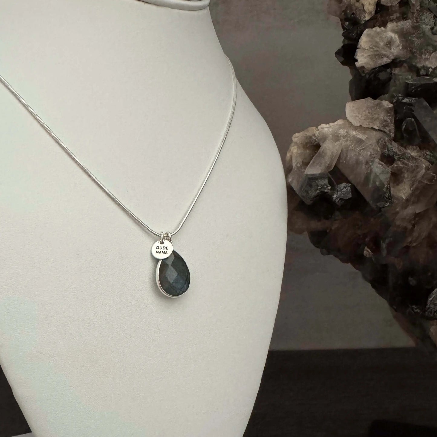 Engraved Dude Mama labradorite blue fire necklace, ideal for baby shower gifts with beautiful water drop design.