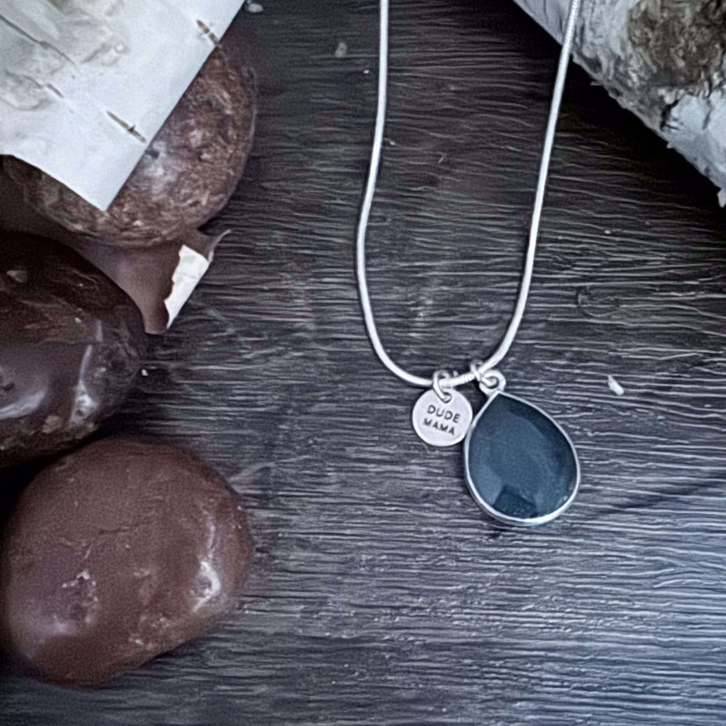 Engraved Dude Mama Labradorite Blue Fire Necklace - Water Drop Shape
