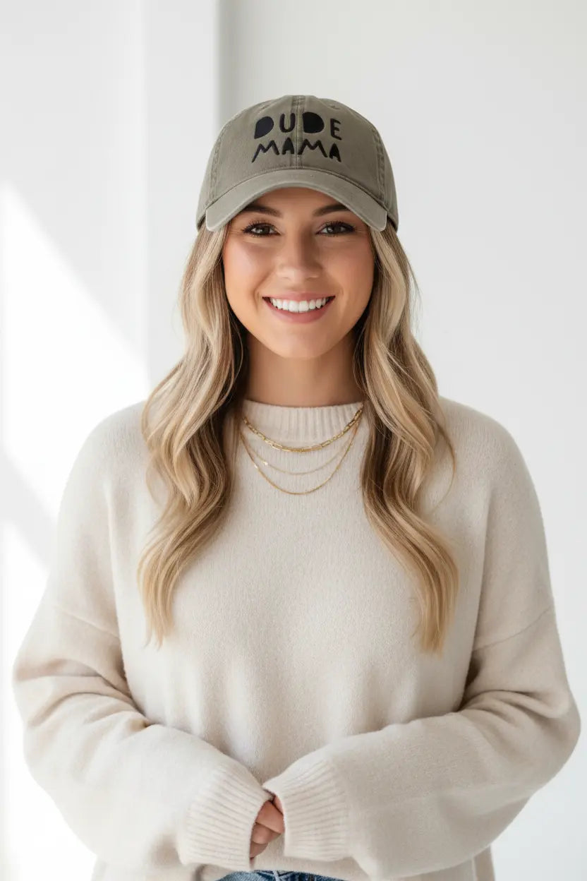 Mom smiling wearing a boy mom hat. It is an olive green hat and says 'Dude Mama'. It is a beautiful picture with a white background.