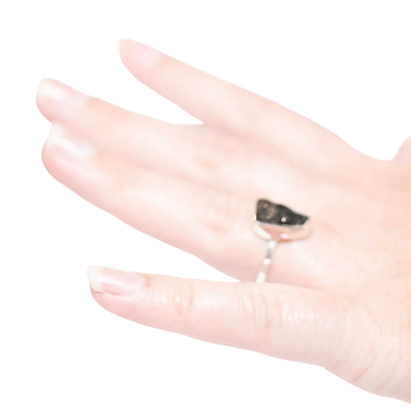 Engraved Dude Mama Shungite Ring worn on a hand, showcasing its natural look and unique design.