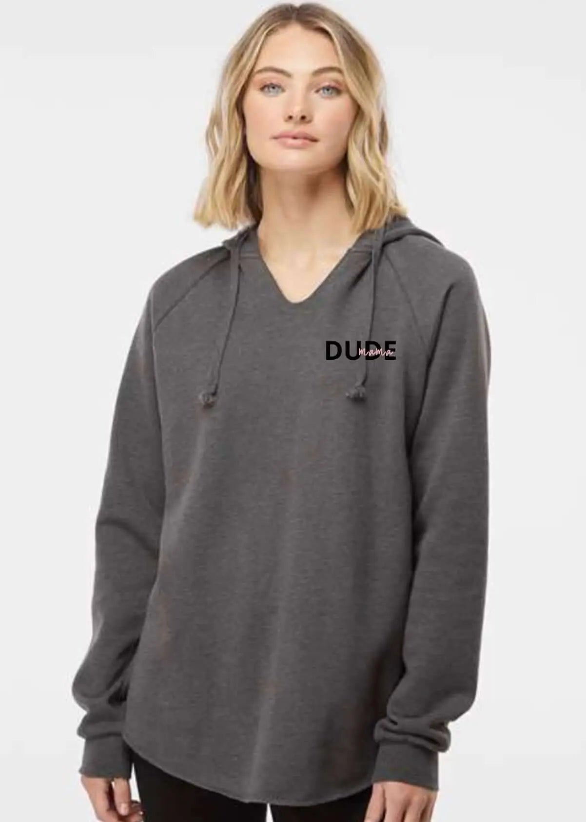 Dark gray Dude Mama Boy Mom sweatshirt worn by a model, cozy and stylish for boy moms.