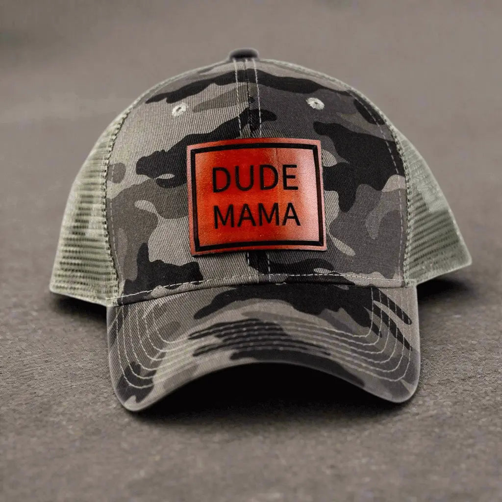 Camo Mama Hat featuring a camouflage design with a "Dude Mama" patch, perfect for boy moms. This is a boy mom hat.