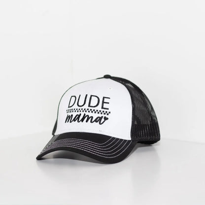 Black and white boy mom hat w/ contrast stitching. The hat says 'Dude Mama' and is on a light gray background. It's a picture at a slight angle.
