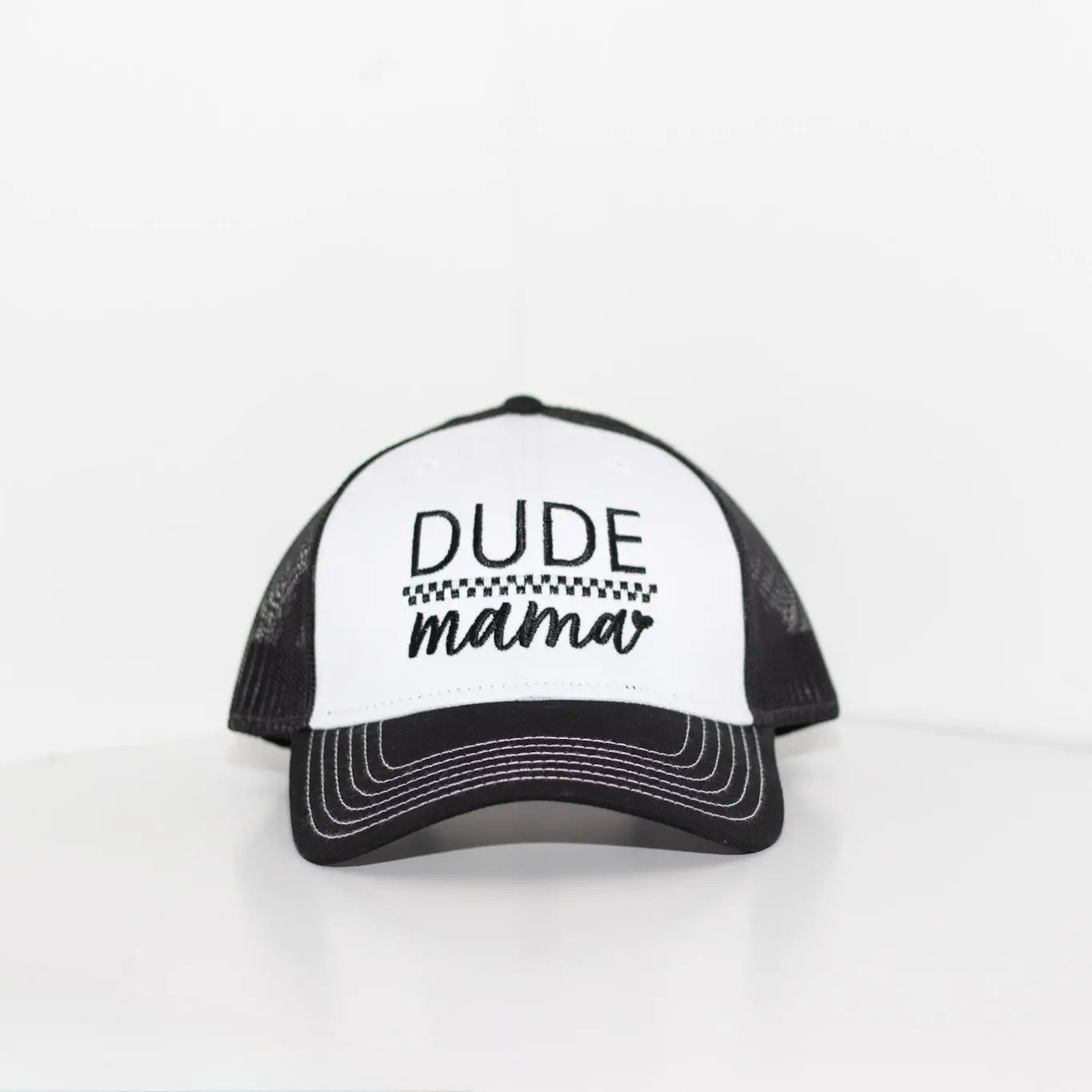 Black and white boy mom hat w/ contrast stitching. The hat says 'Dude Mama' and is on a light gray background