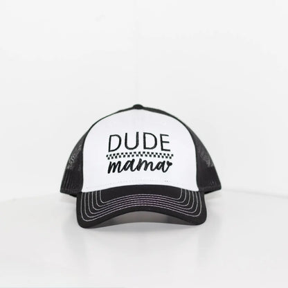Black and white boy mom hat w/ contrast stitching. The hat says 'Dude Mama' and is on a light gray background