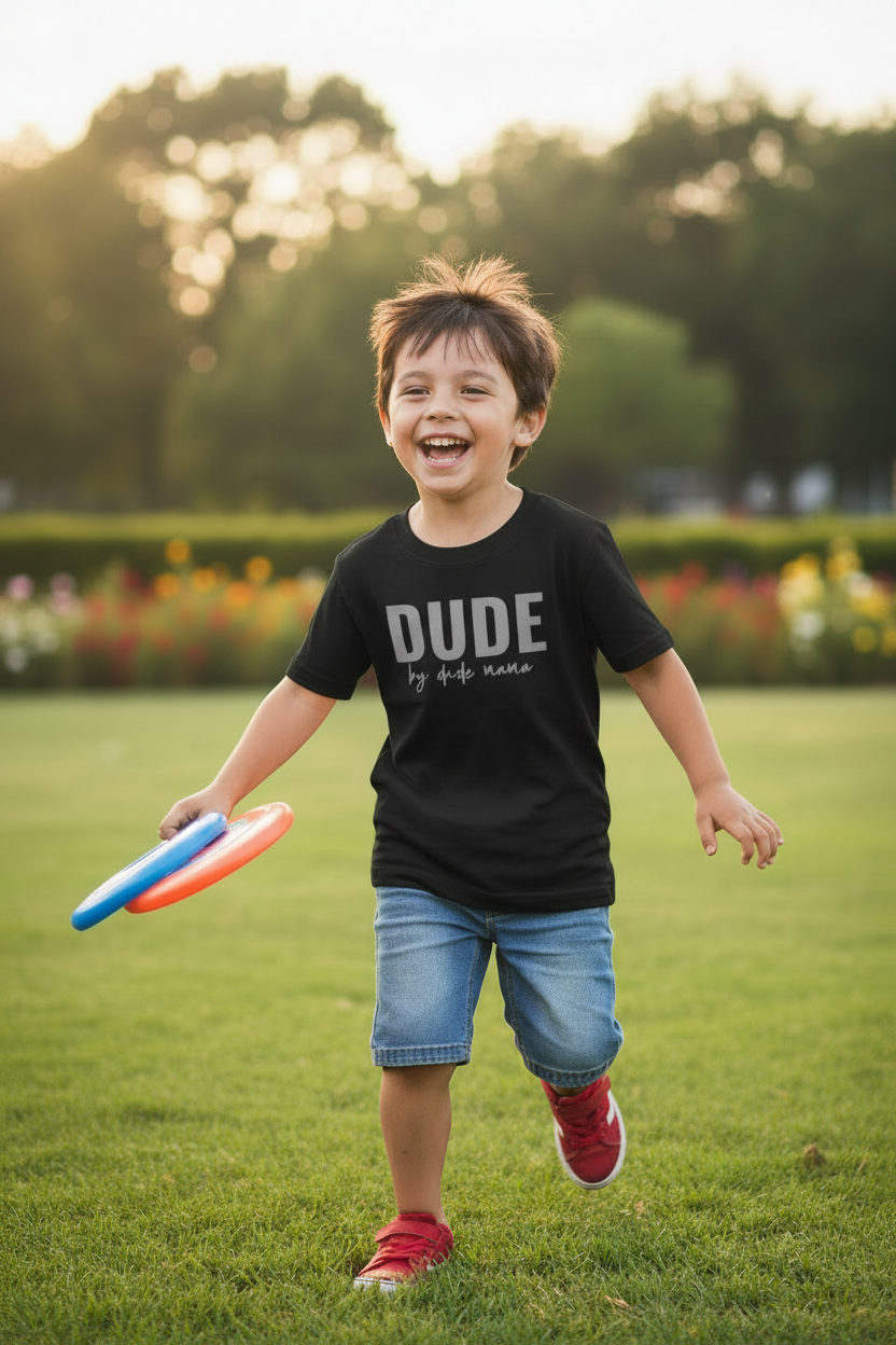Child wearing a black t-shirt / boys shirt with 'DUDE' text, holding colorful frisbees in a park.