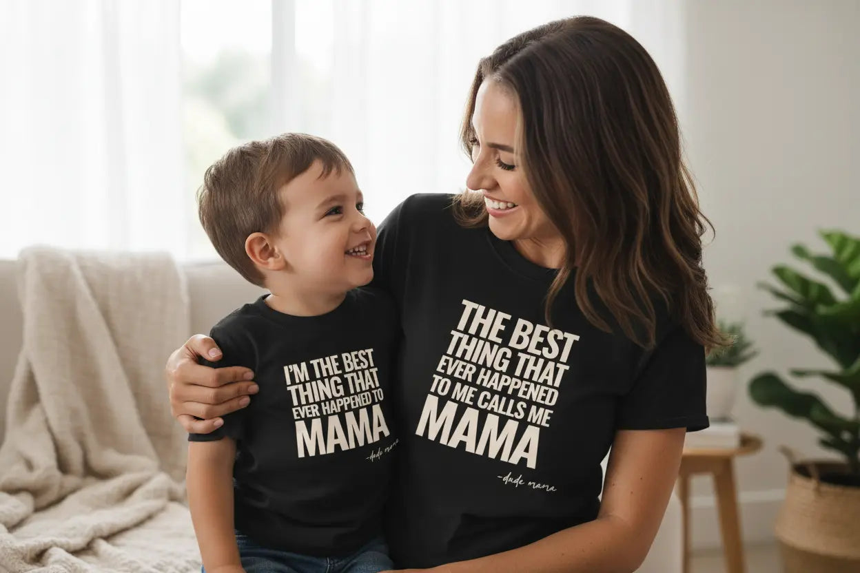 Matching mom and son outfit featuring black shirts with phrases about love and connection.
