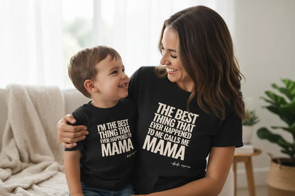 Matching mom and son outfit featuring black shirts with phrases about love and connection.