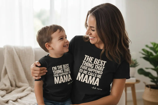 Matching mom and son outfit featuring black shirts with phrases about love and connection.