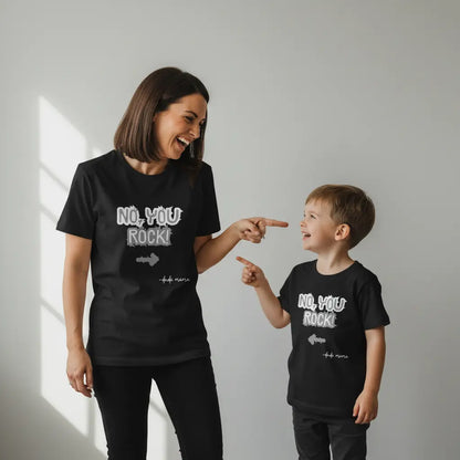 Mom and son wearing matching black shirts that say 'No, You Rock!' with an arrow pointing at the other person. They are having fun in this mom and son matching outfit.
