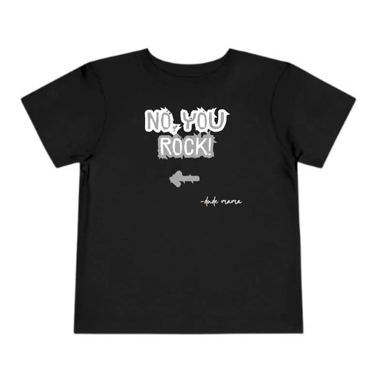 This is a picture of a boys graphic tee that says "No, You Rock" with an arrow pointing.