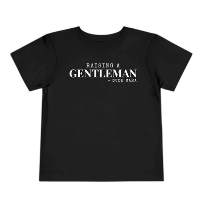 Raising Gentlemen Boy Mom Shirt in black, featuring bold white lettering for proud moms.