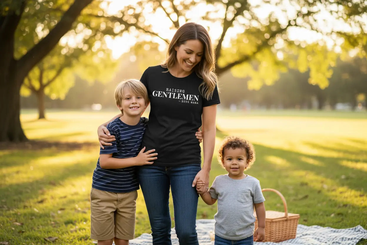 Mom with her boys wearing a boy mom shirt that says 'Raising Gentlemen'. Dude Mama