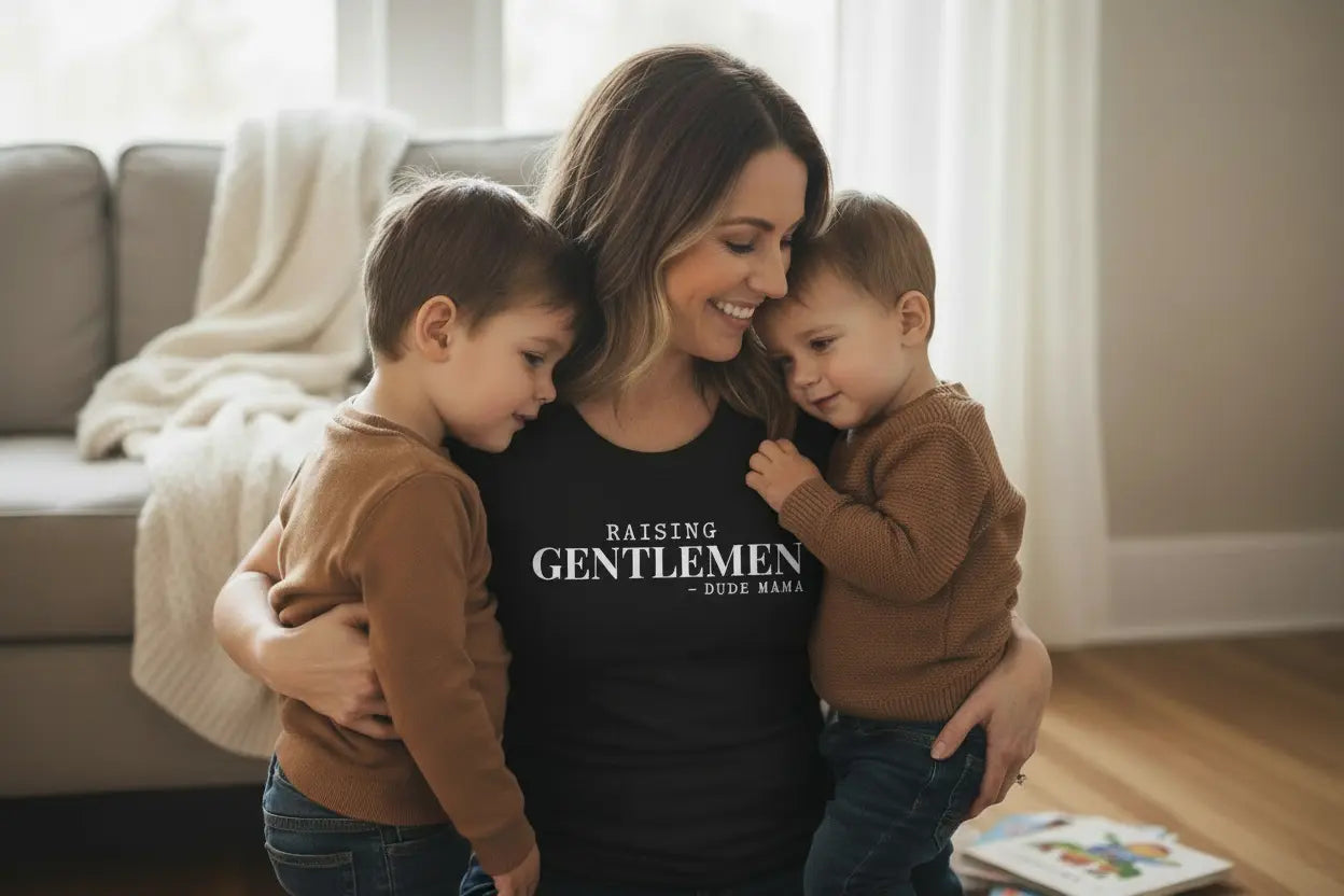 Mom holding her boys wearing a boy mom shirt that says 'Raising Gentlemen'. Dude Mama