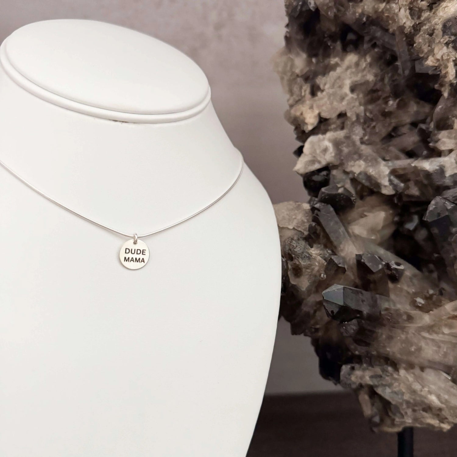 Engraved Dude Mama pendant necklace with sterling silver chain, perfect for baby shower gifts.