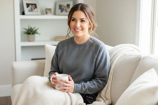 A mom sitting on a couch holding her coffee cup wearing a Gray Dude Mama Boy Mom Sweatshirt.