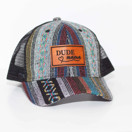 Dude mama matching hat featuring colorful patterns, perfect for family photos and everyday adventures. Boy mom hat