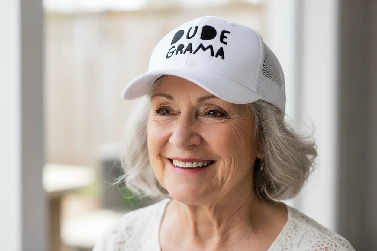 Grandma wearing a white hat that says 'Dude Grama'.