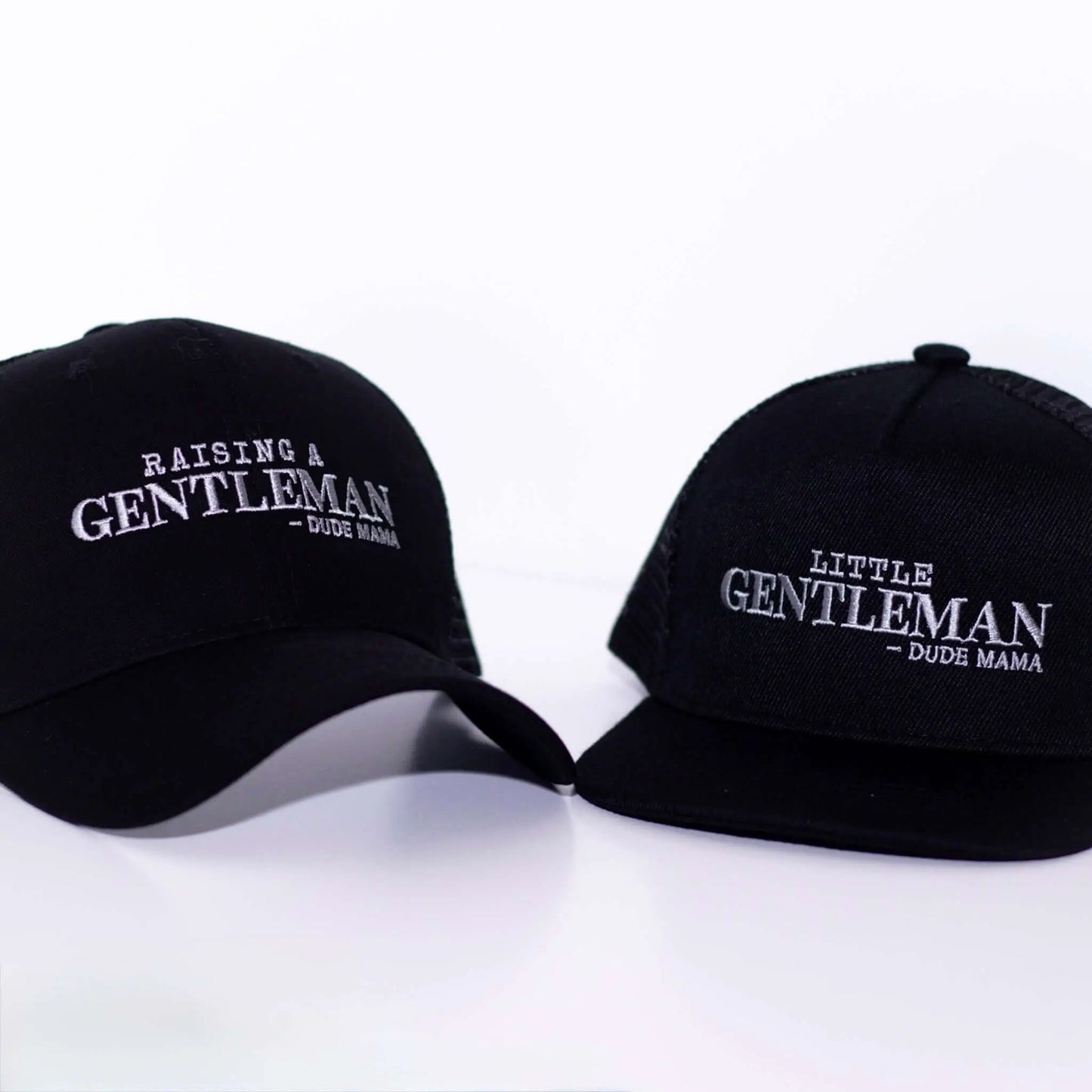Matching mom and son hats. The mama hat says 'Raising Gentleman' and the boys hat says 'Little Gentleman'.
