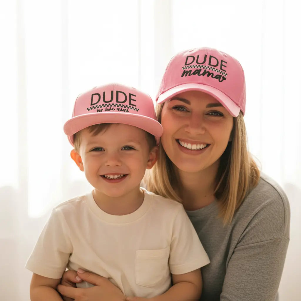Light Pink + Checkered Matching Hats for Dude & Mama Dude Mama