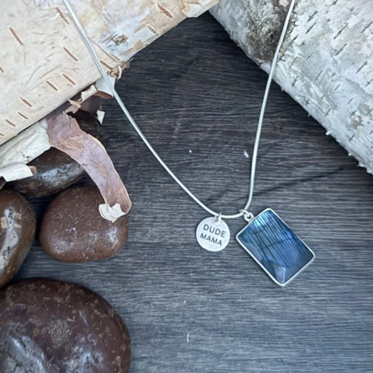 Engraved Dude Mama Labradorite Blue Fire Necklace - Rectangular Shape