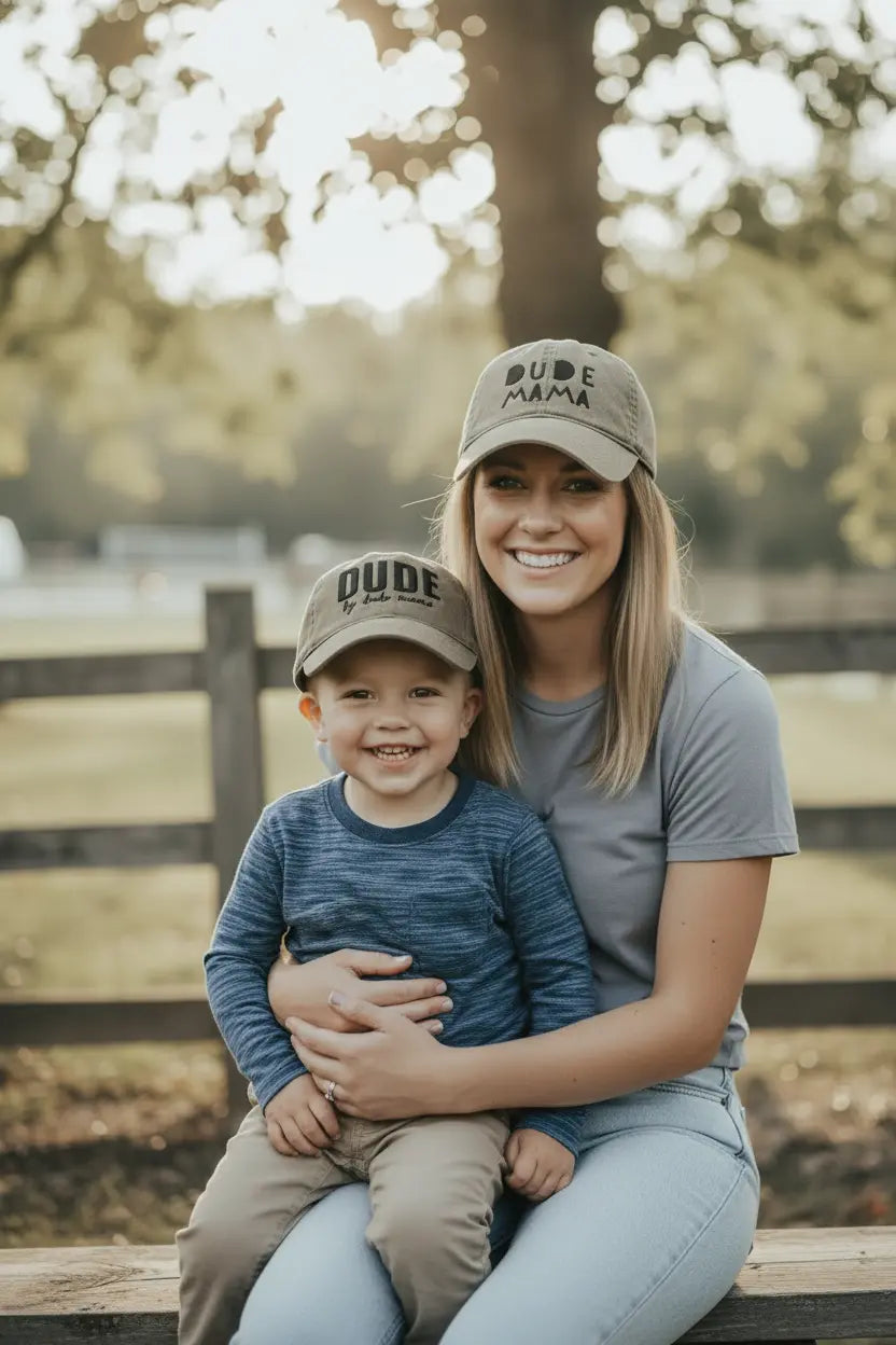 Mom and son sitting on a bench wearing matching olive green hats. Mom's hat says 'Dude Mama' and is a boy mom hat. Her son's hat is a kids hat and says 'Dude'. Makes a great mom and son matching outfit.