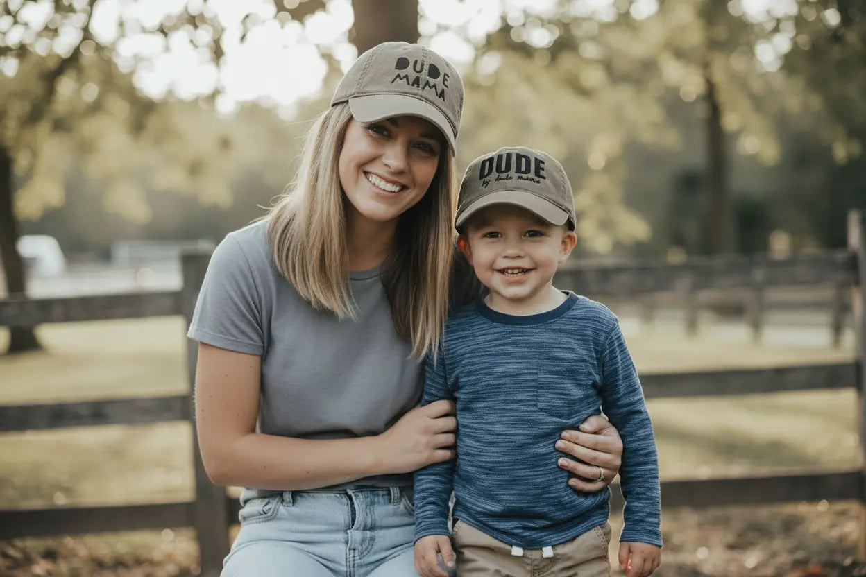 Mom and son wearing matching olive green hats. Mom's hat says 'Dude Mama' and is a boy mom hat. Her son's hat is a kids hat and says 'Dude'. Makes a great mom and son matching outfit.
